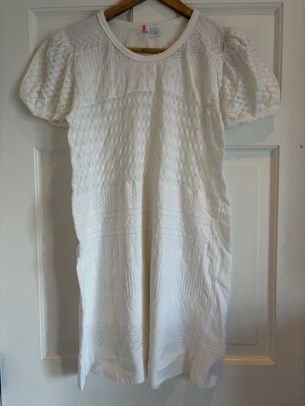 White Eyelet Knit Puff Sleeve Dress